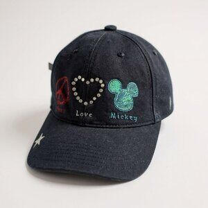 Vtg Walt Disney World Peace Love Mickey Mouse Denim Hat Cap